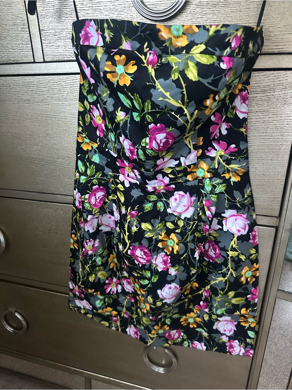 🛍️SALE🛍️ Mango Black Strapless Floral Mini Cocktail Dress w/Pink & Yellow Blooms - Picture 3 of 5